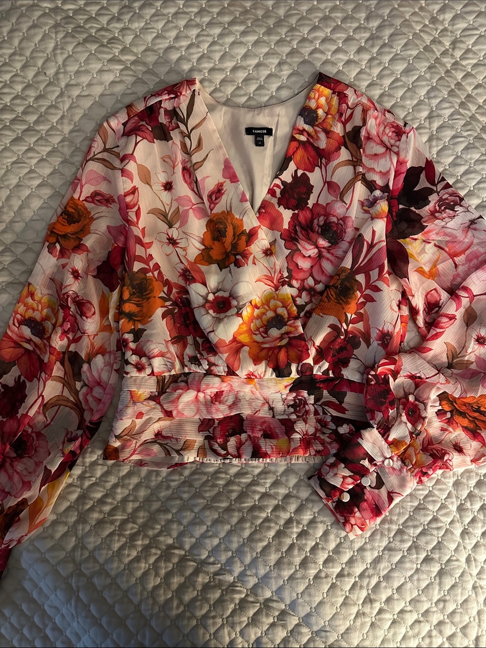 Express Floral Wrap Blouse in Pink, Red, Orange and Cream